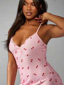 MISSGUIDED Cherry Print Sleep Dress Mini Length Plunge Neck Spaghetti Strap Nightwear Slip Dress Lace Trim Ruffle Hem Loungewear - Multicolor - View 5