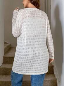 SHEIN LUNE Áo len cardigan dệt kim rỗng màu trơn đa năng cỡ lớn, thường ngày - trắng - Xem 2