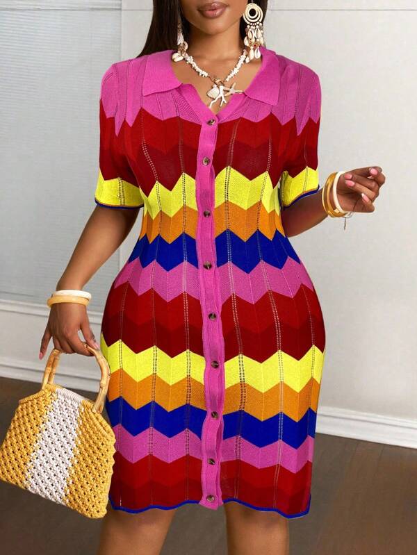 Slaydiva Plus Size Women Rainbow Striped Single-Breasted Short Knitted Mini Dress, Short Sleeve