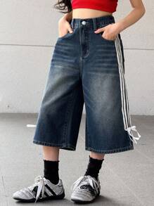 SHEIN Tween Girls' Loose Fit Contrast Color Drawstring Denim Pants With Bowknot