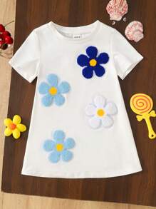 Abito-T-Shirt casual e dolce da bimba, con collo rotondo, colore bianco tinta unita, con ricamo, ampio