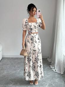 Elenzga 两件套女士印花修身衬衫搭配高开衩半裙，优雅度假及日常通勤装扮 - 黑色 - 查看 3