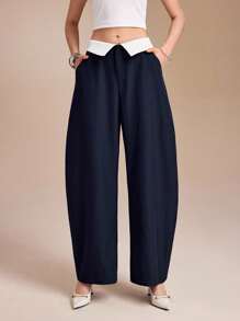 NAJILARAQUELDESIGNS Women White Contrast Collared Waistband Baggy Long Pants, Casual Street Look Wide Leg Pants Business Fall Airport - Navy Blue - View 3