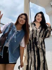 Dazy Plus Conjunto de 2 piezas de blusa holgada con estampado floral y falda para talla grande, estilo casual de resort para otoño/invierno