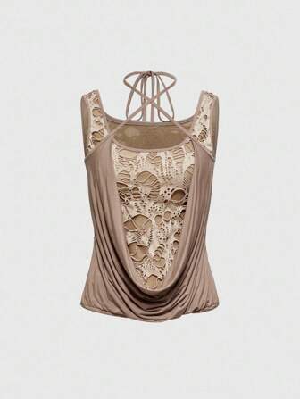 Grunge Punk Y2K Dystopian Punk 2 In 1 Draped Neck Patchwork Distressed Fabric Bodycon Cropped Tank Top