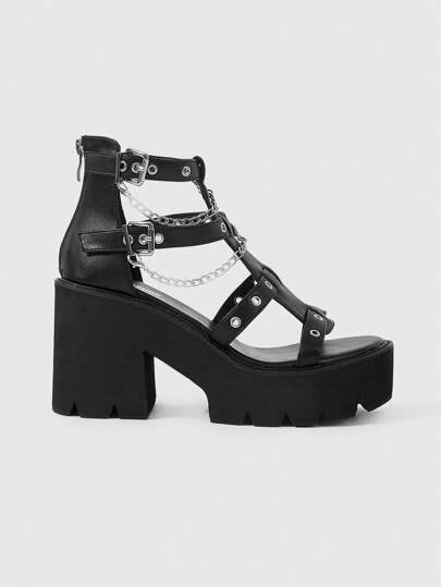 Grunge Punk Women's Black Platform Sandals, Thick Chunky Heel, Open Toe, Ankle Strap With Rear Zipper Roman Shoes, Durable Rubber Sole, Multi-Season Casual Shoes