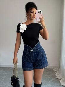 Elenzga New Arrival Elegant Rhinestone Decor Casual Non-Stretch Woven Women's Denim Shorts, Spring/Summer - Dark Wash - View 1