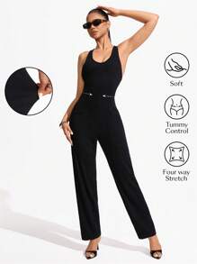 INAWLY Women's Round Neck Sleeveless Casual Denim Jumpsuit - Black - View 1