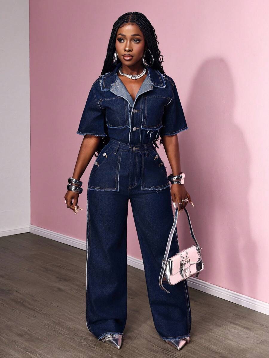 Slaydiva 女式流苏短袖单排扣阔腿休闲牛仔连体裤 - 深色水洗藍 - 查看 1