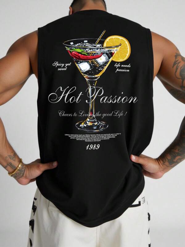 Manfinity LEGND Men's Black Crew Neck Sleeveless T-Shirt With Chili Cocktail Graphic Print, Vintage American Street Style, Summer Sports, Versatile Casual Wear Graphic Tees Men Sleeveless Men Tank Top Graphic Mens Graphic Tank Top Sleeveless Graphic Tees Men Mens Tank Tops
