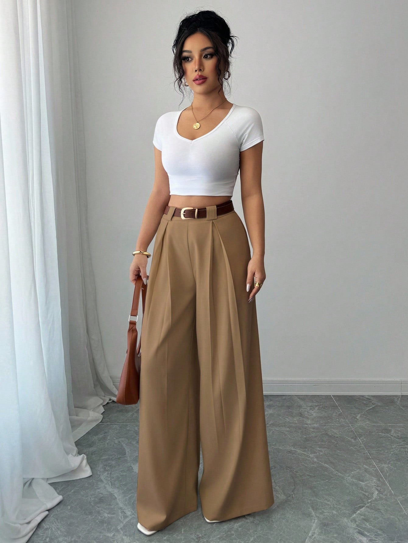 Elenzga سروال مرتفع الخصر بلون المشمش الصلب ، طراز...