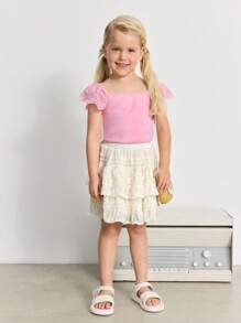 Maija Kids Maija Kids 舒適可愛少女杏色聚酯纖維分層荷葉邊裙，適合日常穿著 - 杏色 - 查看 3