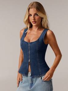 SHEIN Forever 21 Women's Casual Summer Front Zipper Fitted Denim Blouse - Royal Blue - View 7