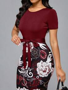 SHEIN LUNE 女士优雅印花拼色工作通勤连衣裙 - 酒紅色 - 查看 5