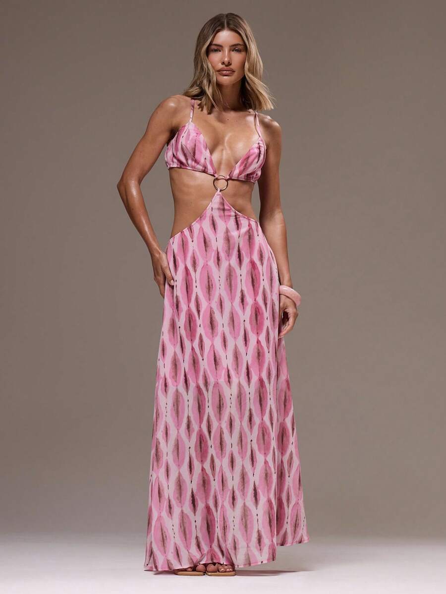 MUSERA 印花雪纺镂空吊带长裙，适合伊比沙岛度假、春夏海滩婚礼宾客、优雅约会之夜、秋季毕业典礼等场合。 - 粉色 - 查看 1