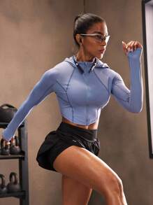 Powerista Women's Plain Raglan Sleeve Hooded Zip Front Athletic Jacket, Fitted - Dusty Blue - View 3