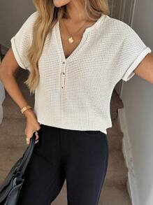 SHEIN LUNE Women V-Neck Front Button Textured Waffle Knit Casual Vacation T-Shirt, Summer - Beige - View 5