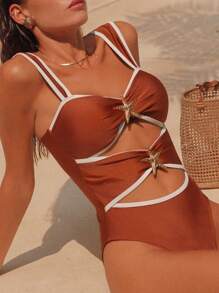 Swim Chiccia Women's One-Piece Swimsuit For Summer, Three-Color Combination, Shiny Fabric, Ocean Five-Star Metal Accessories, Modified Fit For Vacation