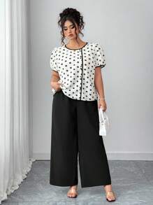 Elenzga Plus Size Women Contrast Color Ditsy Floral Short Sleeve Slimming Casual Elegant Top & Wide Leg Pant 2 Pieces Set