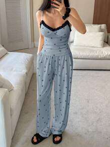 DAZY Conjunto de pijama de 3 piezas con top de camisola, pantalones y bata con estampado de lazos de primavera, detalles de encaje y contraste de color, ropa de otoño e invierno - Azul - Ver 4