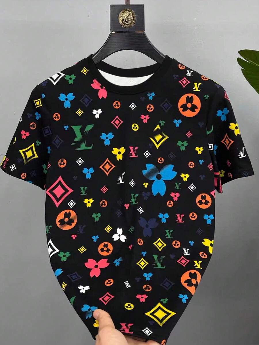 Manfinity Dauomo 男士上衣，夏季几何印花圆领短袖休闲男士T恤