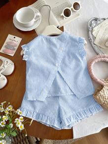 SHEIN Babygirl 可爱夏季蓝色条纹荷叶边上衣和松紧腰短裤套装 - 藍白色 - 查看 4