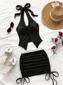 Soleia Bộ đồ 2 món cho nữ - Áo hở lưng cổ chữ V buộc dây xoắn và chân váy mini nhún bèo cạp thấp, chất liệu vải họa tiết, trang phục đi nghỉ/tiệc tùng/hẹn hò, mùa hè - màu đen - Xem 4