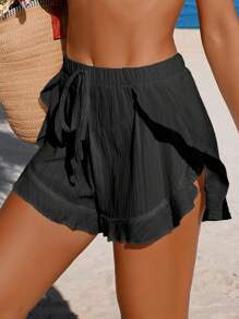 Swim Lushoire 女士沙滩罩衫套装 - 荷叶边下摆短裤搭配透明罩衫上衣，夏日度假 - 黑色 - 查看 3