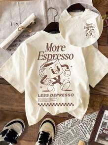 SHEIN LUNE 大码夏季休闲卡通标语印花T恤 - 杏色 - 查看 1