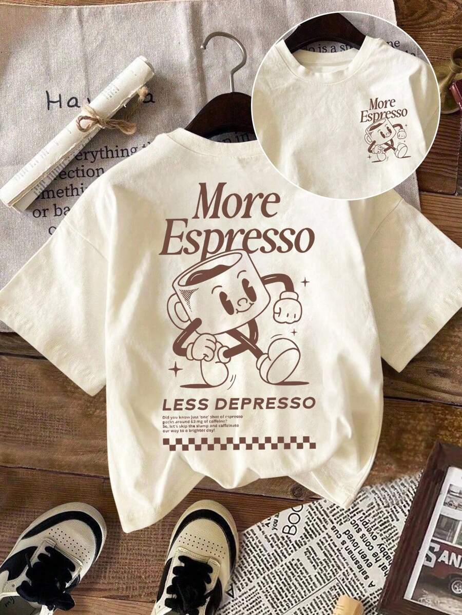 SHEIN LUNE 大码夏季休闲卡通标语印花T恤 - 杏色 - 查看 1