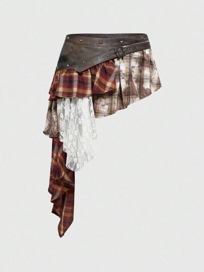 Grunge Punk Minifalda asimétrica en capas con patchwork, tartan y encaje, estilo punk grunge Y2K