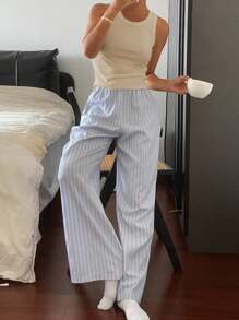 DAZY 女式简约纯色吊带背心和宽松条纹睡裤两件套睡衣套装 - 杏色 - 查看 3