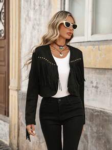 Brillora Fringe Trim Open Front Crop Jacket In Fall/Winter