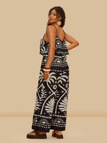 Travachic Plus Size Tropical Print Sleeveless Jumpsuit, Casual Resort Wear - Black and White - View 2
