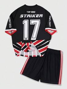 ROMWE MEN Prep 男士深色风格字母条纹印花运动T恤和短裤两件套