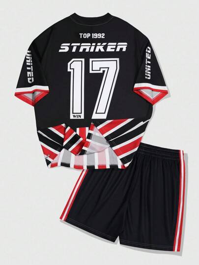 Prep Conjunto de 2 piezas de camiseta deportiva y shorts con estampado de letras y rayas en estilo oscuro para hombre