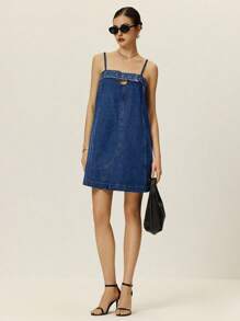 Poéselle 女士休闲宽松夏季时尚日常吊带牛仔连衣裙 - 中等水洗藍 - 查看 4
