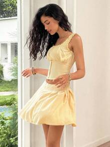 Ria Solene 2pcs Women's Sleeveless Square Collar Frill Trim Button-Up Pleated Mini Skirt Yellow Set - Yellow - View 5