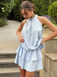 Aloruh Vestido corto para mujer con cuello de halter, volantes y estampado floral jacquard