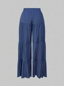ROMWE Hippie Quần dài cạp chun rút dây màu trơn đơn giản cho nữ - Màu xanh lam - Xem 2