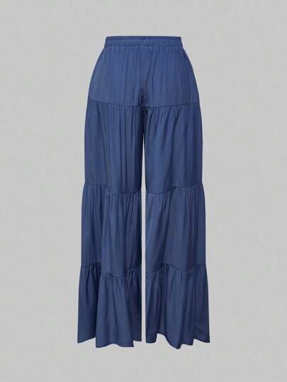 Hippie Pantalon long décontracté pour femmes, couleur unie avec cordon de serrage et taille plissée
