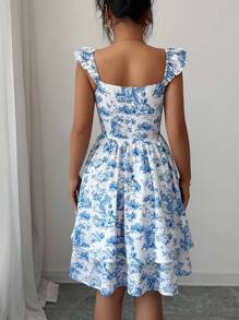 Elenzga Vestido mini elegante de cuello cuadrado sin tirantes, con estampado floral azul convertible - Azul y blanco - Ver 2