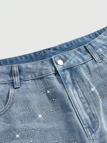 ROMWE MEN Casual Pantalones cortos de mezclilla azul claro para hombre con bolsillos y decoración de rhinestones para el verano - Lavado ligero - Ver 3