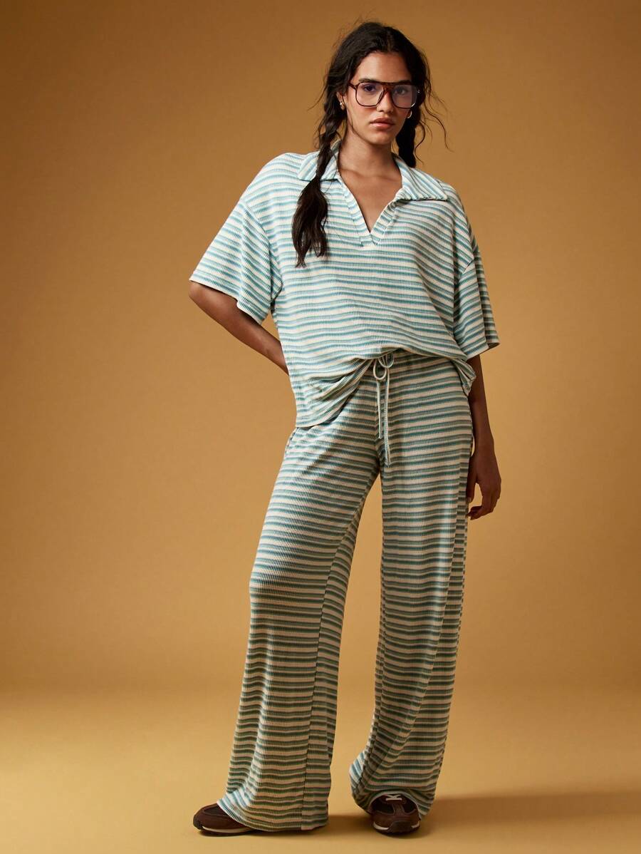 MISSGUIDED Conjunto de ropa de estar en casa de punto acanalado a rayas - Pantalón de pierna ancha + pijama - Ropa de estar en casa cómoda, coordinada para resort y vacaciones, atuendo casual