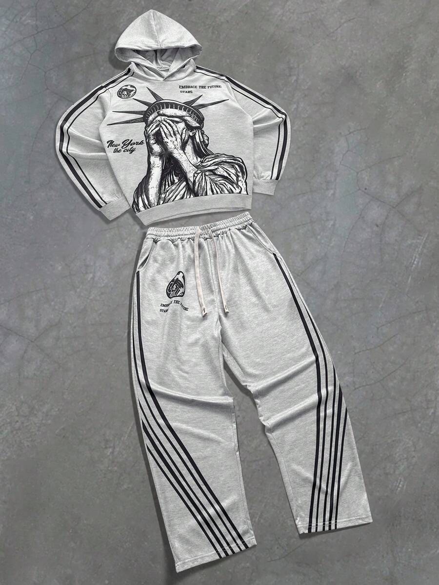 PAVTROS 男士连帽上衣和运动裤套装，长袖，独特侧条纹设计，慢跑运动套装，INS 男士时尚街头风，Y2K 风格，自由女神像印花，万圣节、返校季和日常穿着的完美之选。送给男朋友的绝佳礼物。男士秋季服装。男士两件套，Y2K 男士服饰