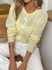 SHEIN LUNE Cardigan décontracté fin pour femmes avec nœud papillon et boutons