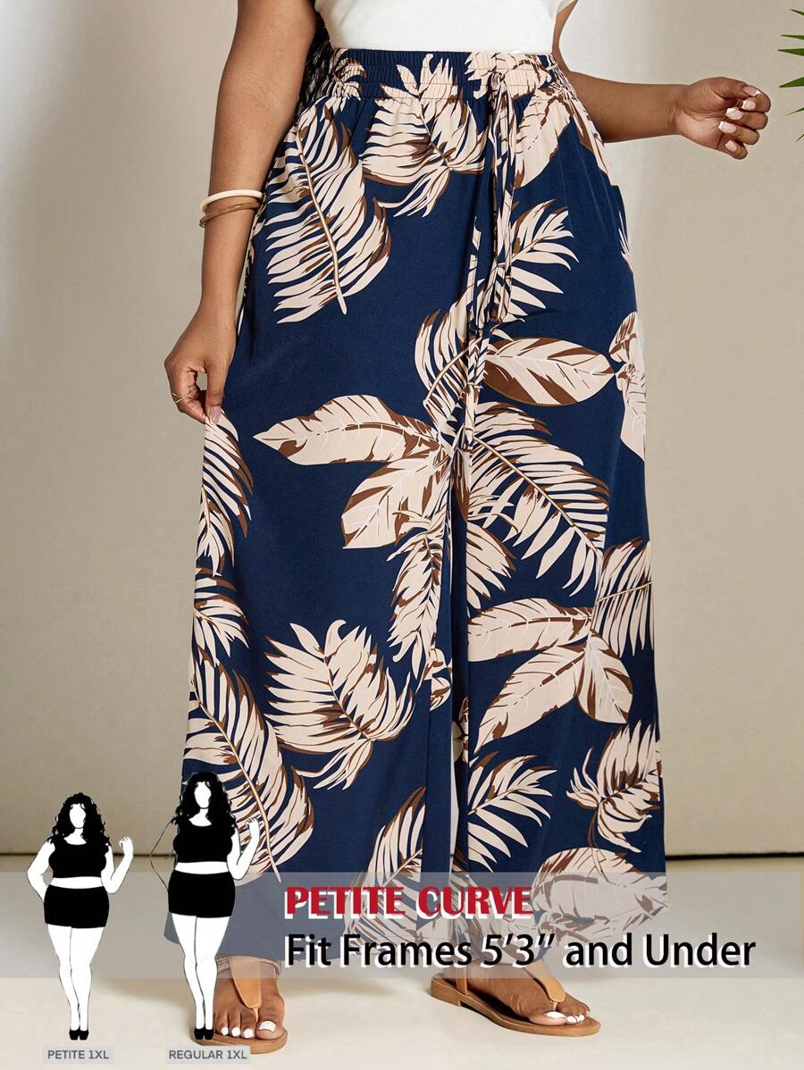 SHEIN PETITE CURVE 加大码植物印花休闲度假裤，适合乡村音乐会 - 藏蓝色 - 查看 1