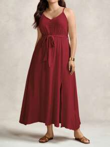 SHEIN LUNE Plus Size Women's Apricot Textured Fabric Side Split Long Dress Comfortable Cotton