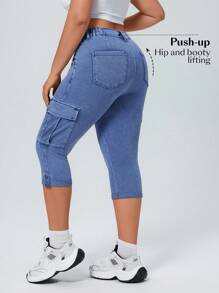SHEIN Unity Plus Size High Waist Casual Capri Denim Jeans, Summer - Blue - View 2