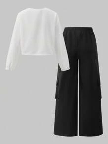 SHEIN Explorewe 2 件套青少年女孩休闲装 - 纯色短款超大运动衫和街头风格工装裤，2025 年夏季返校运动休闲装和校园运动装 - 黑與白 - 查看 2